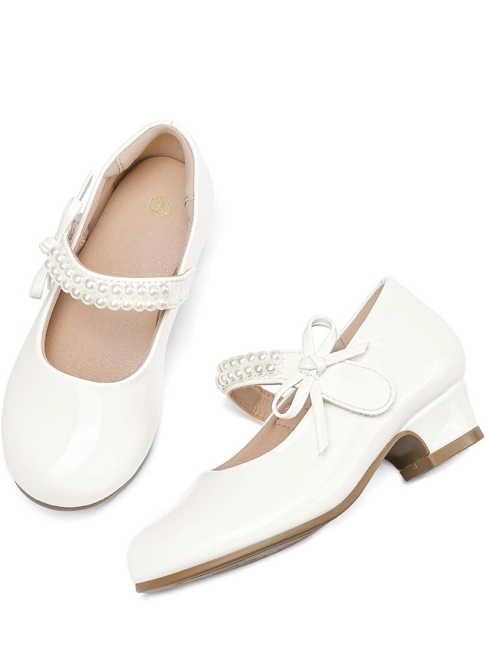 K KomForme Girls Dress Shoes Low Heels Pumps Princess Mary Jane with Pearl & Bow